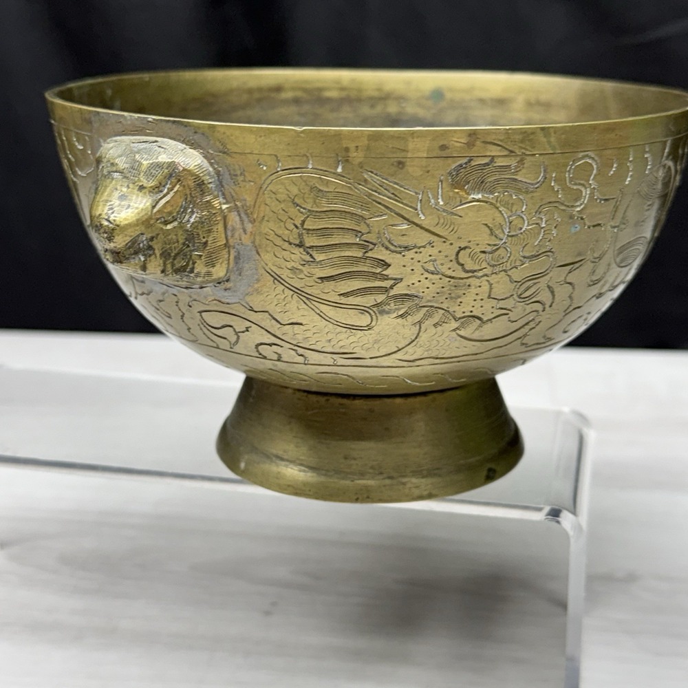 Vintage Chinese Brass Dragon Bowl with Lion Handles 6.5" Hong Kong Collectible